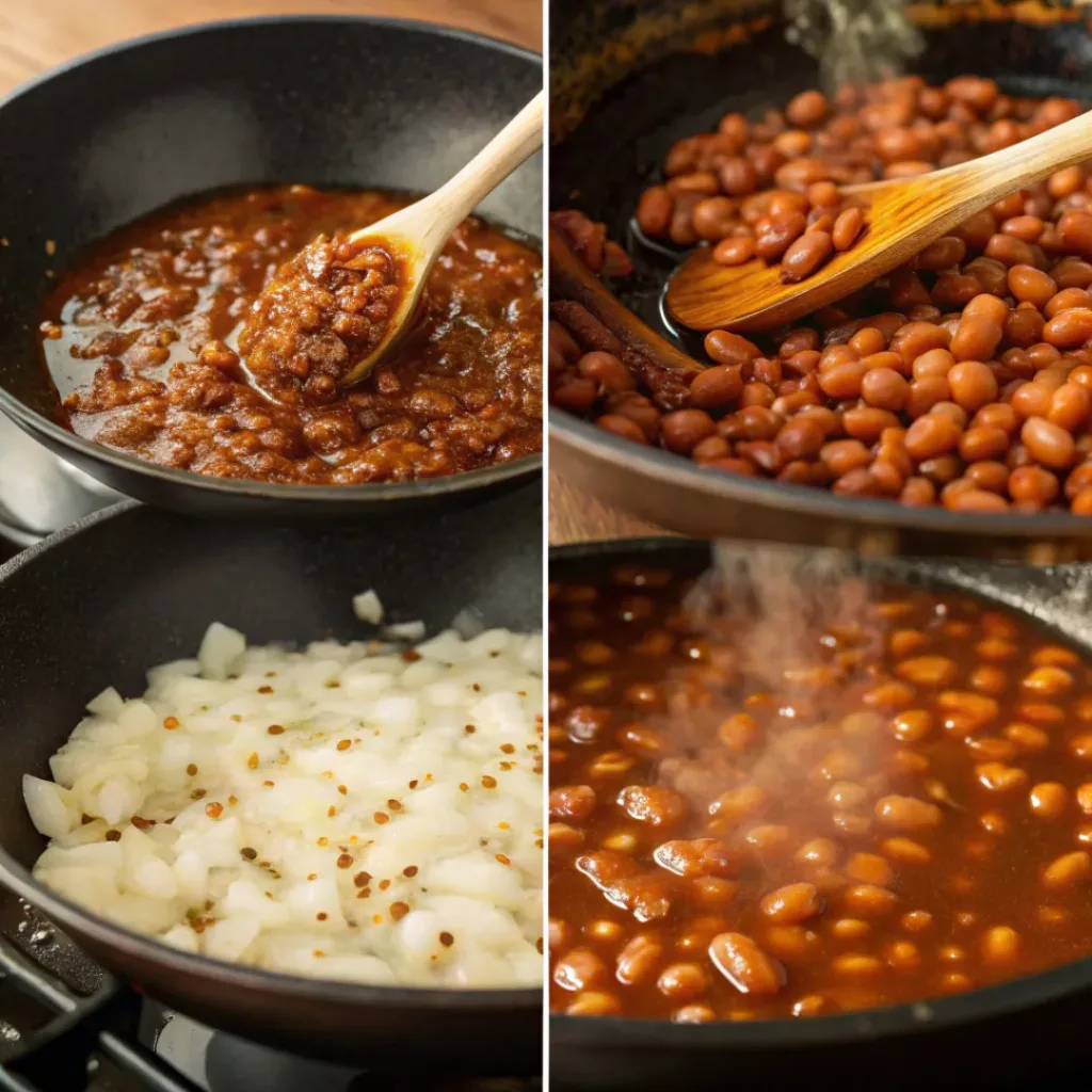Homemade BBQ Baked Beans – Smoky, Sweet & Hearty Side Dish 7 Four step collage showing sautéing, mixing, simmering, and serving baked beans