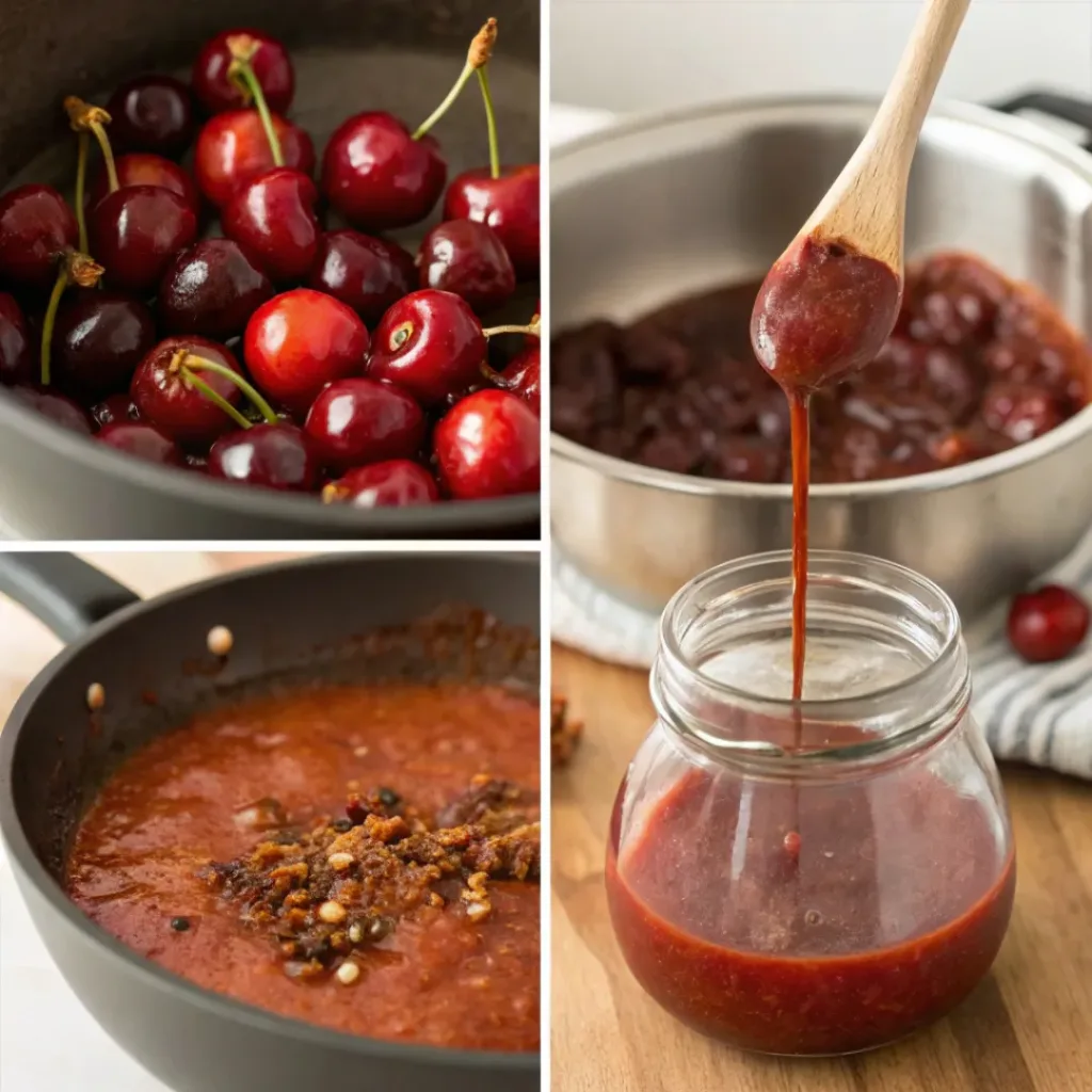 Homemade Cherry BBQ Sauce – Sweet, Smoky & Tangy Grilling Sauce 7 Four step collage showing cooking, seasoning, blending, and bottling BBQ sauce