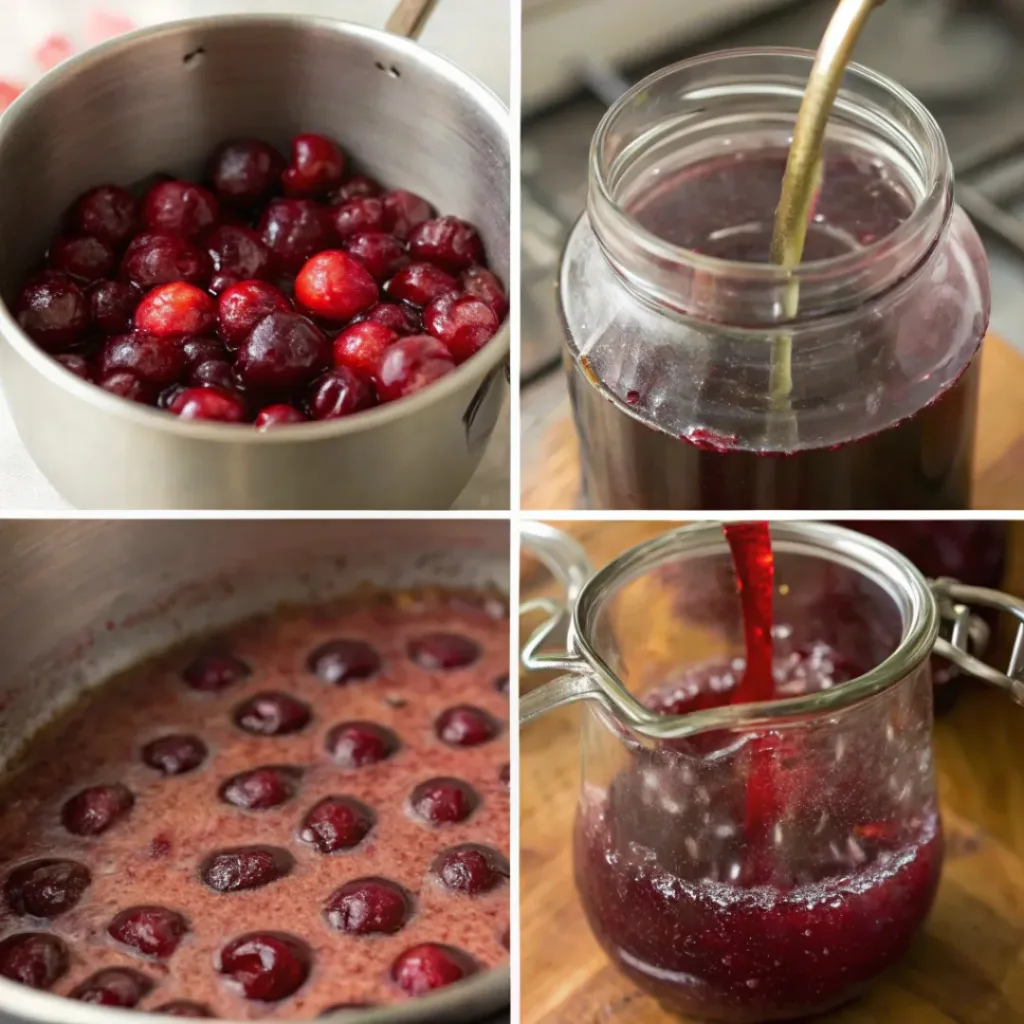 Homemade Cherry Jam – Simple, Sweet & Perfect Spread 7 Four step collage showing cherry prep, cooking, simmering, and jar filling