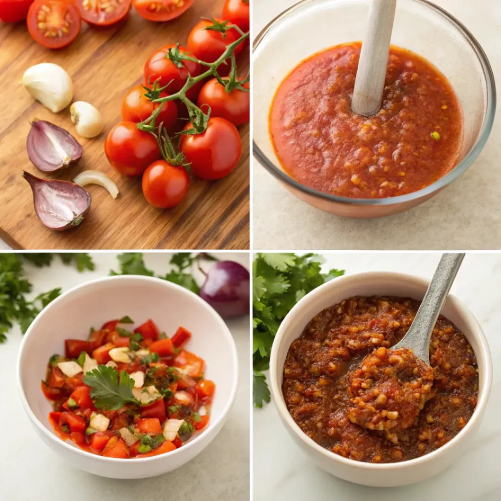 Four step collage showing roasting, blending, and serving salsa