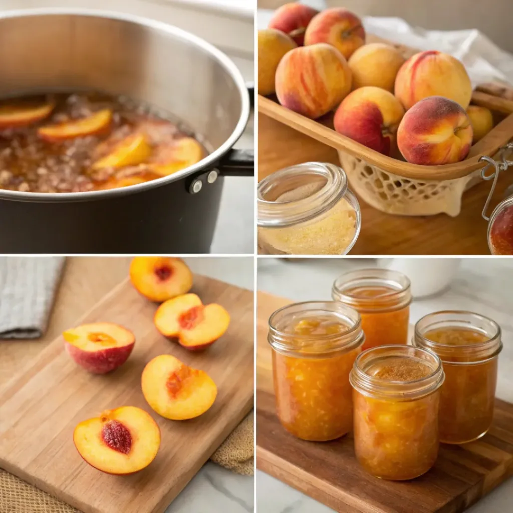 Four step collage showing chopping peaches, cooking jam, filling jars, and sealing