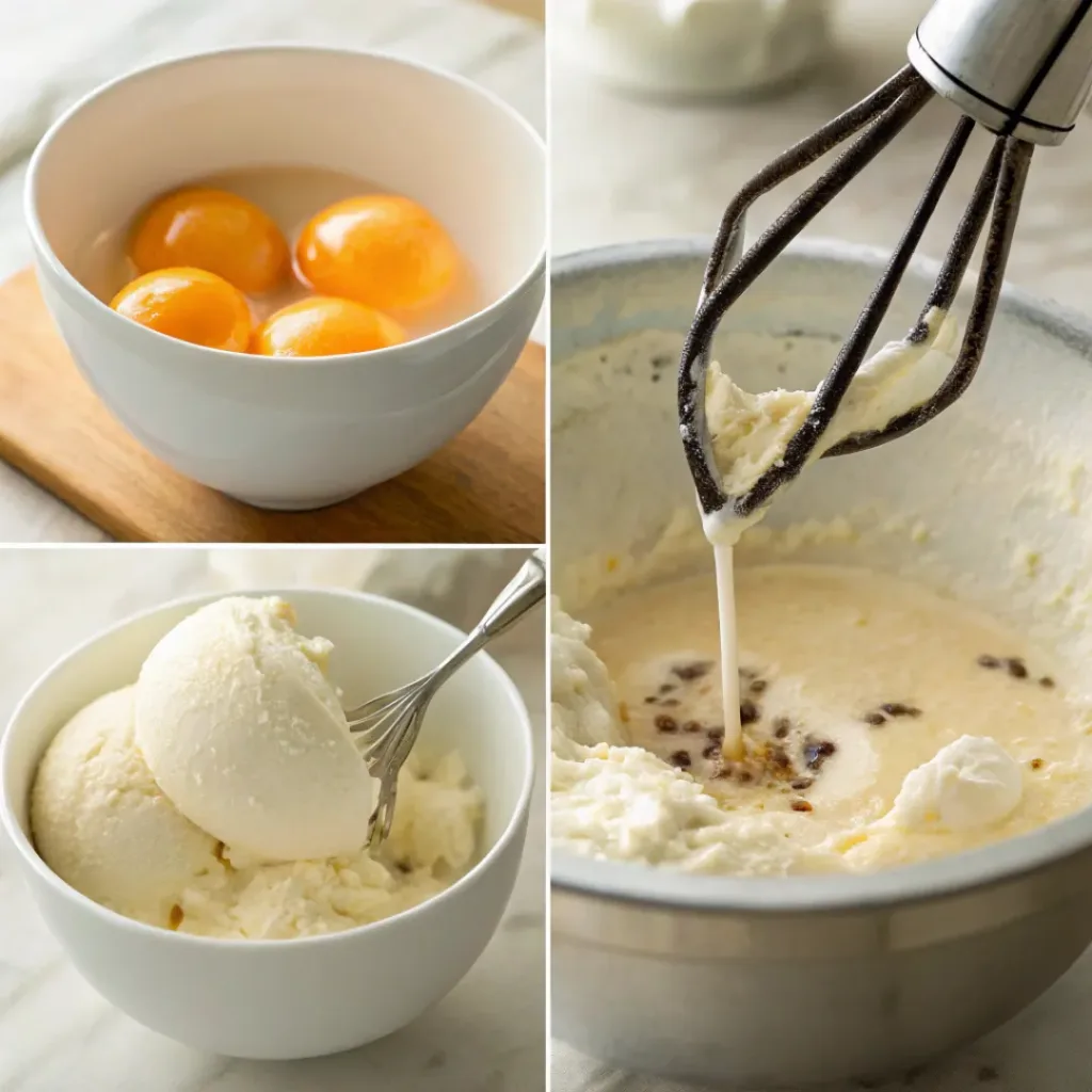 Homemade Vanilla Ice Cream – Creamy, Classic & Rich Frozen Dessert 7 Four step collage showing mixing, heating, churning, and scooping ice cream