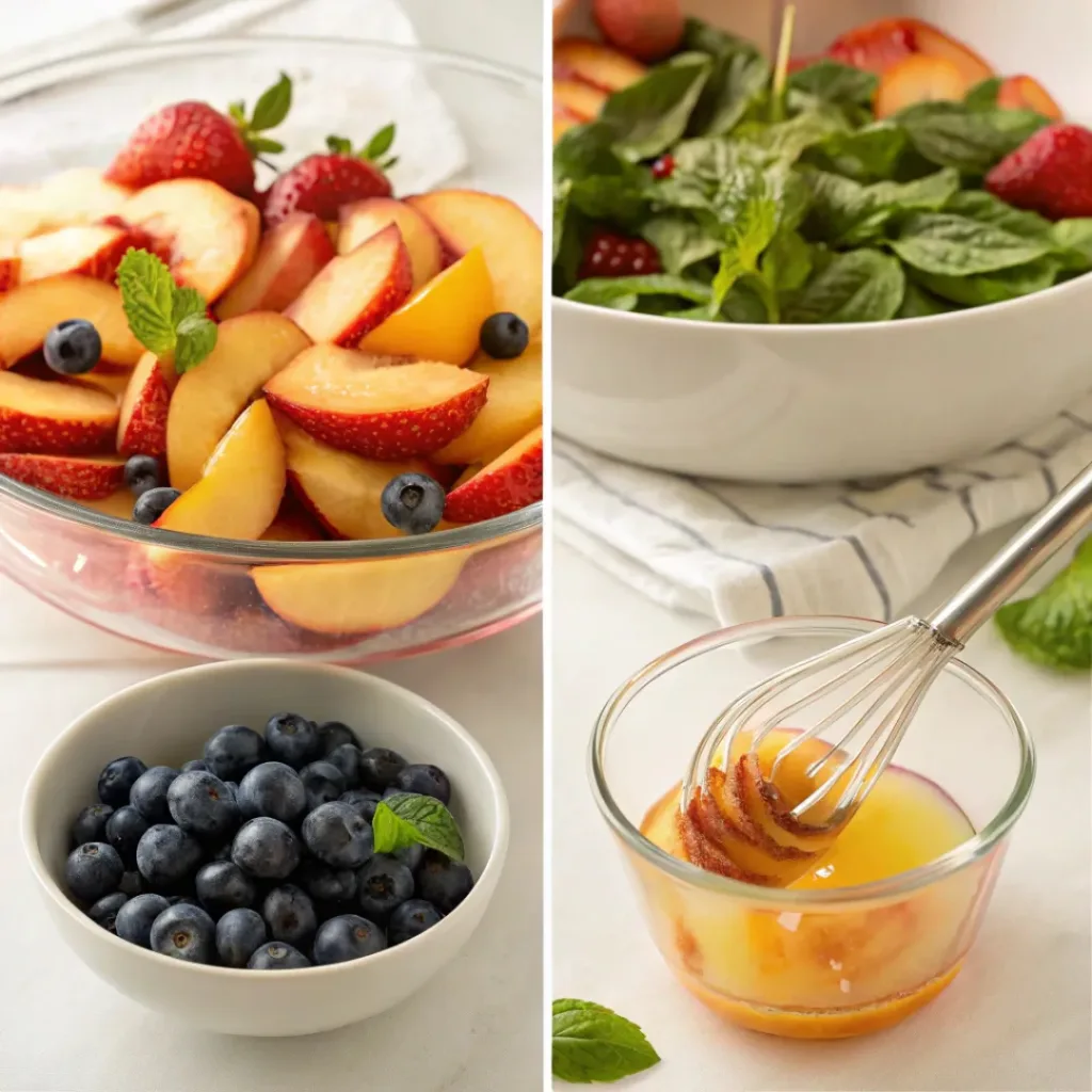 Honey Lime Basil Peach Fruit Salad – Fresh Summer Fruit Bowl 7 Four step collage showing slicing fruit, adding basil, mixing dressing, and tossing salad