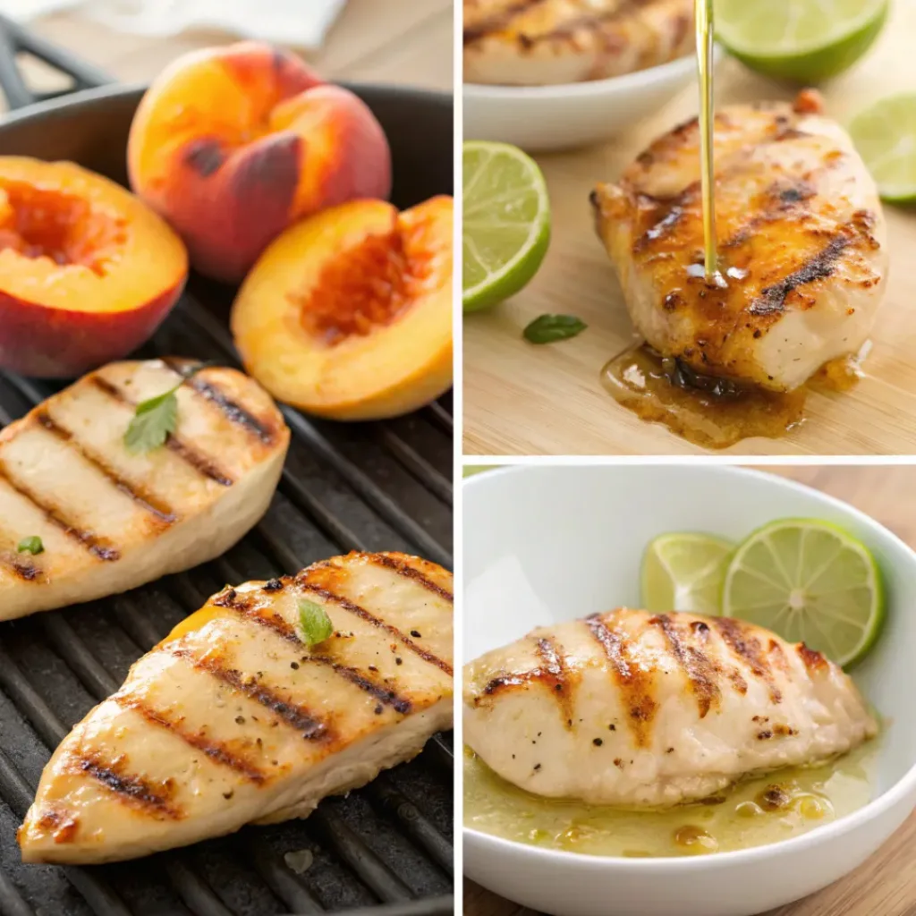 Four step collage showing marinating chicken, grilling chicken, grilling peaches, and plating