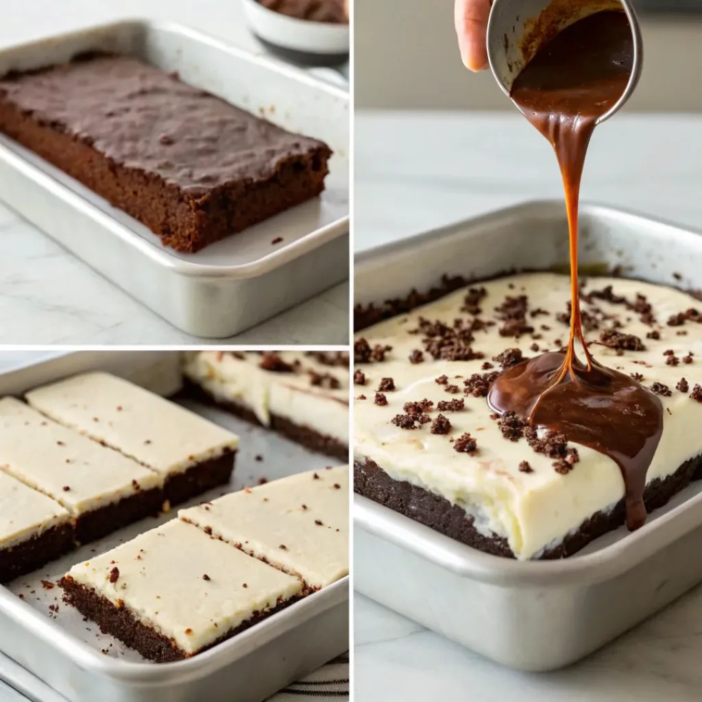 Four step collage showing crust, ice cream layering, fudge topping, and serving bars