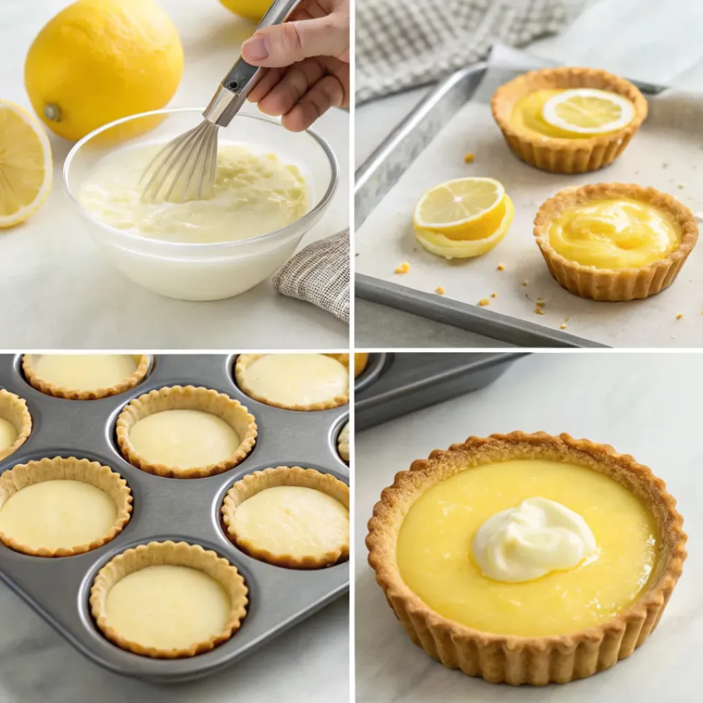 Four step collage showing crust prep, mixing filling, baking, and topping tarts