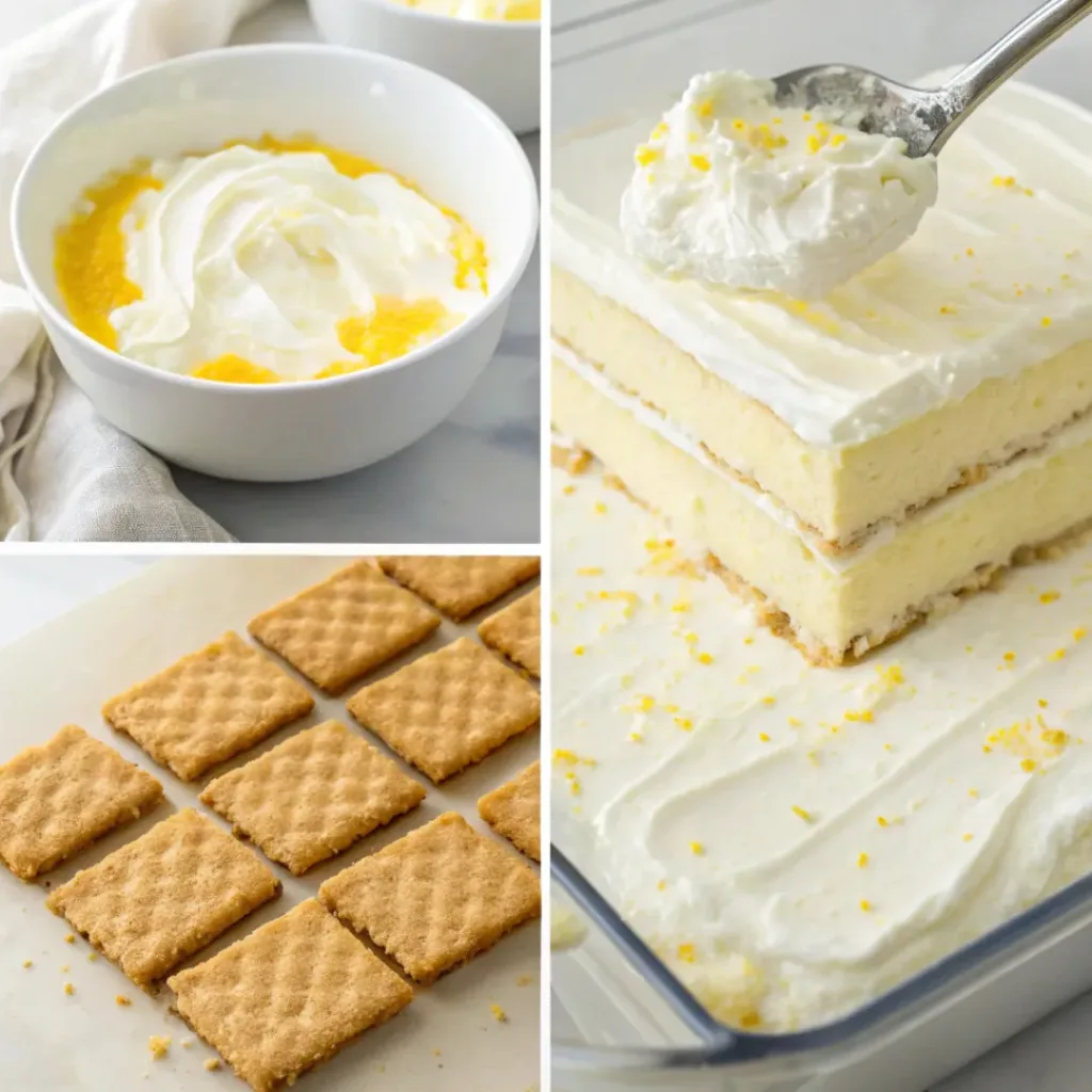 Four step collage showing mixing filling, layering crackers, assembling cake, and chilling dessert