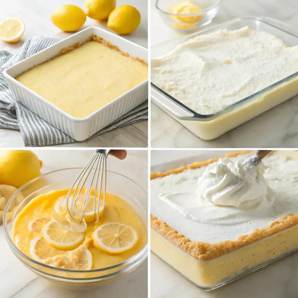 Lemon Lush – Creamy, Cool & Refreshing Layered Dessert 7 Four step collage showing crust, mixing layers, assembling, and topping dessert