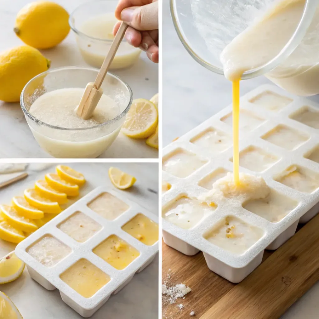 Four step collage showing mixing, pouring, freezing, and unmolding popsicles