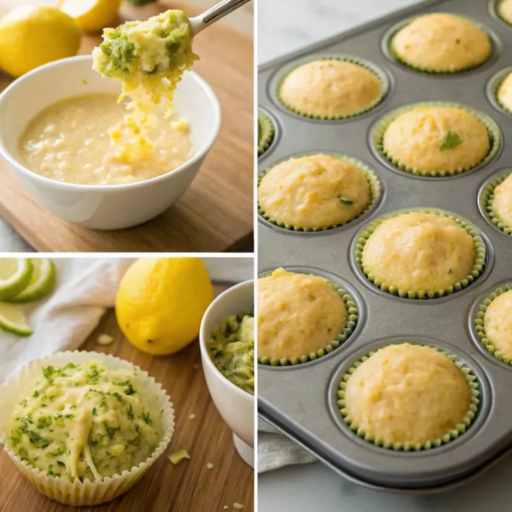 Lemon Zucchini Muffins – Bright, Moist & Soft Bakery-Style Muffins 7 Four step collage showing prep, mixing, baking, and rising muffins