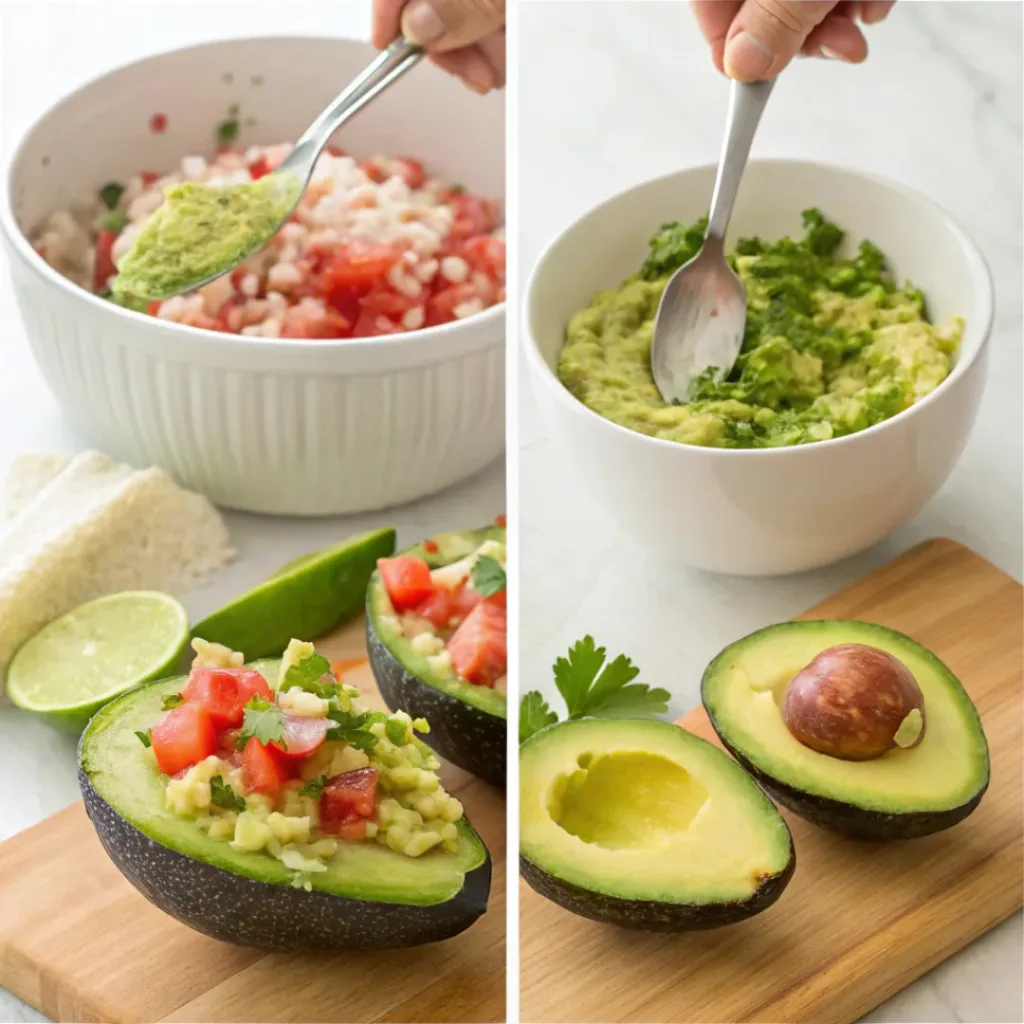 Four step collage showing mashing avocados, mixing ingredients, and topping guacamole