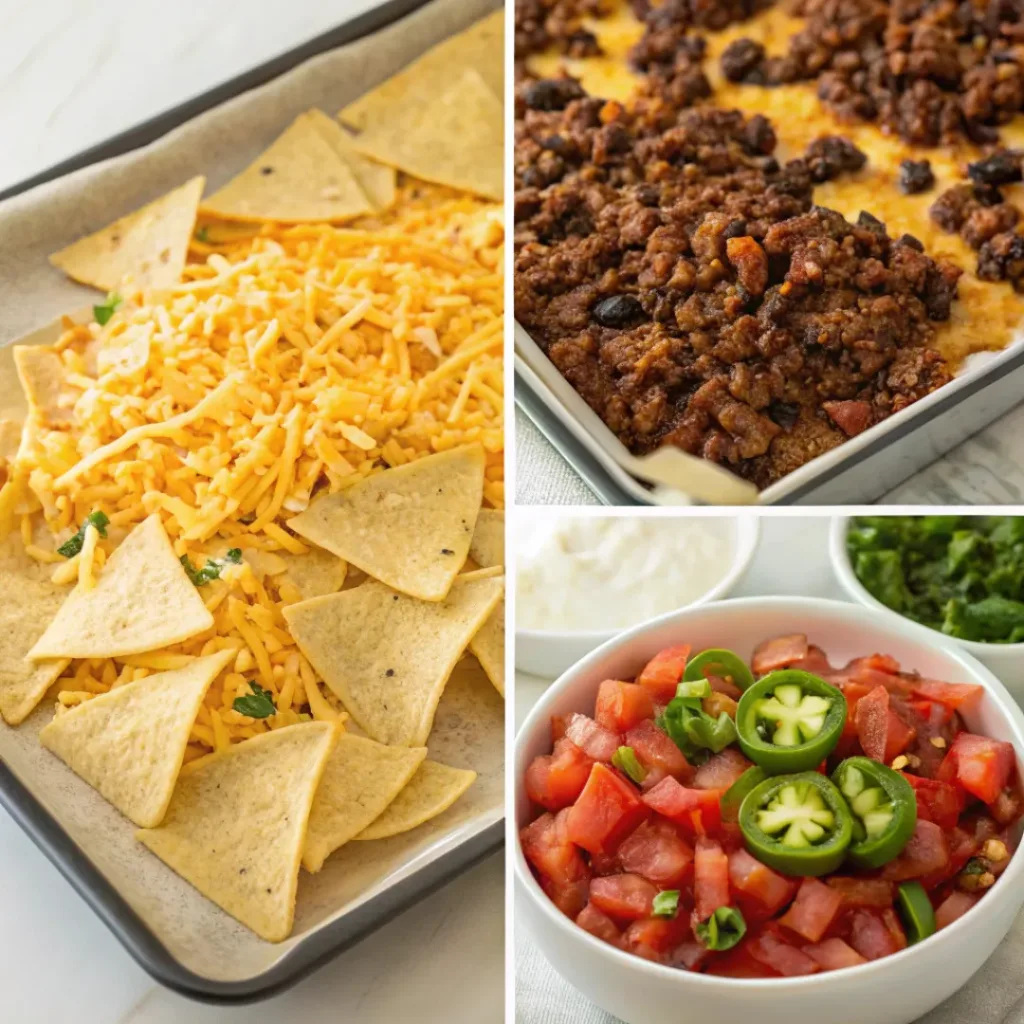 Four step collage showing layering chips, adding toppings, baking, and finishing nachos