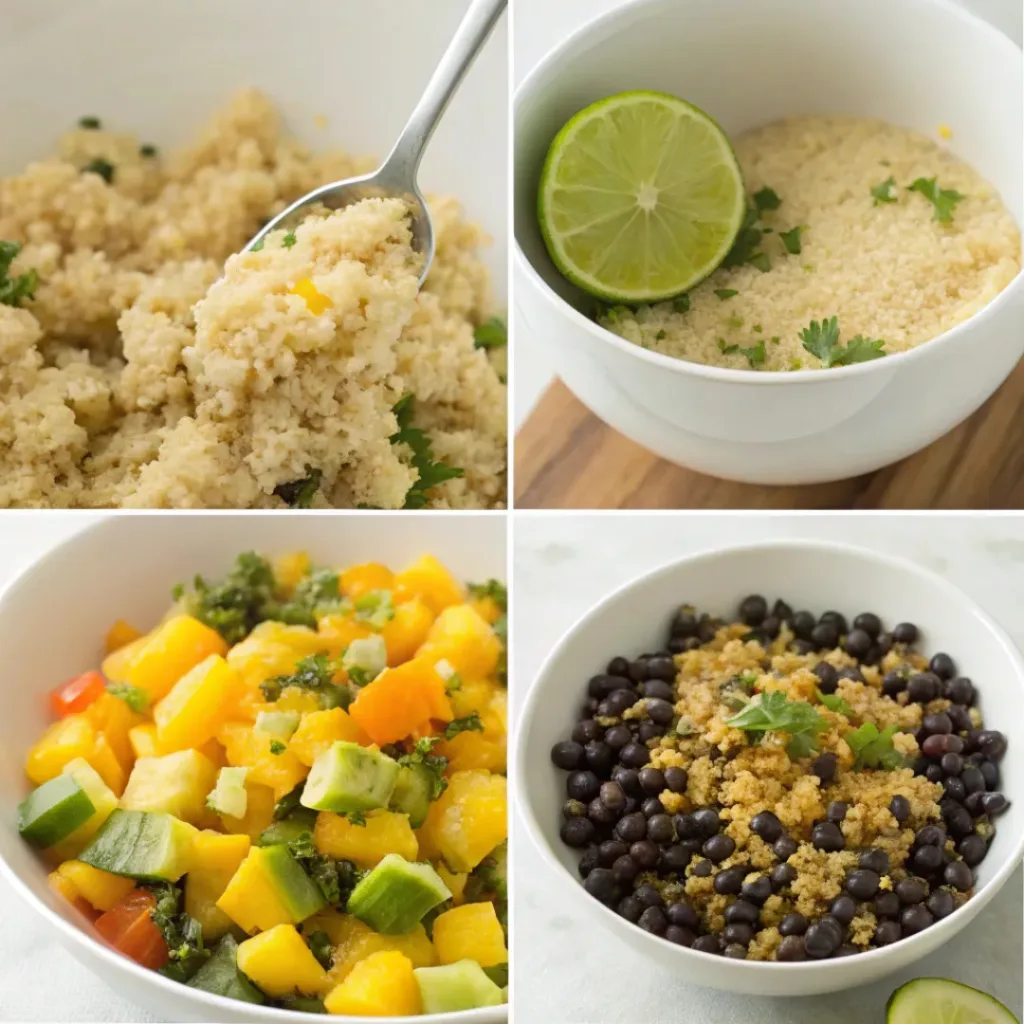 Four step collage showing cooking quinoa, chopping mango, mixing dressing, and tossing salad