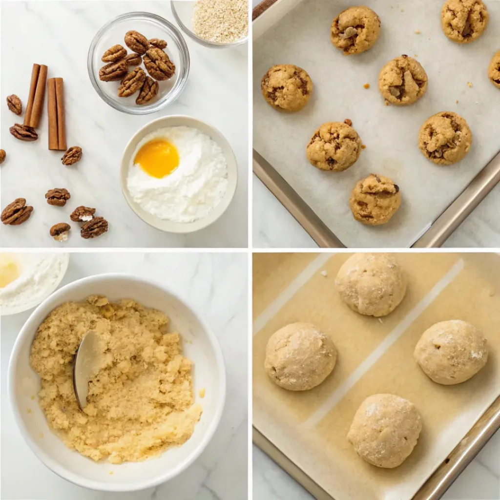 Maple Pecan Cookies - Soft Chewy Autumn Bakery Treats 7 Step-by-step collage showing mixing the cookie dough, folding in pecans, scooping, baking, glazing, and serving maple pecan cookies.