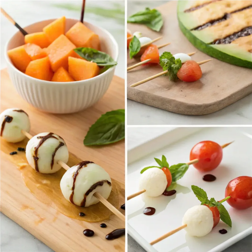 Four step collage showing scooping melon, assembling skewers, and drizzling glaze