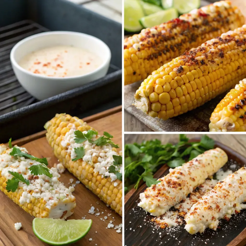 Mexican Street Corn – Creamy, Smoky & Flavor-Packed Corn on the Cob 7 Four step collage showing grilling corn, adding sauce, topping with cheese, and serving