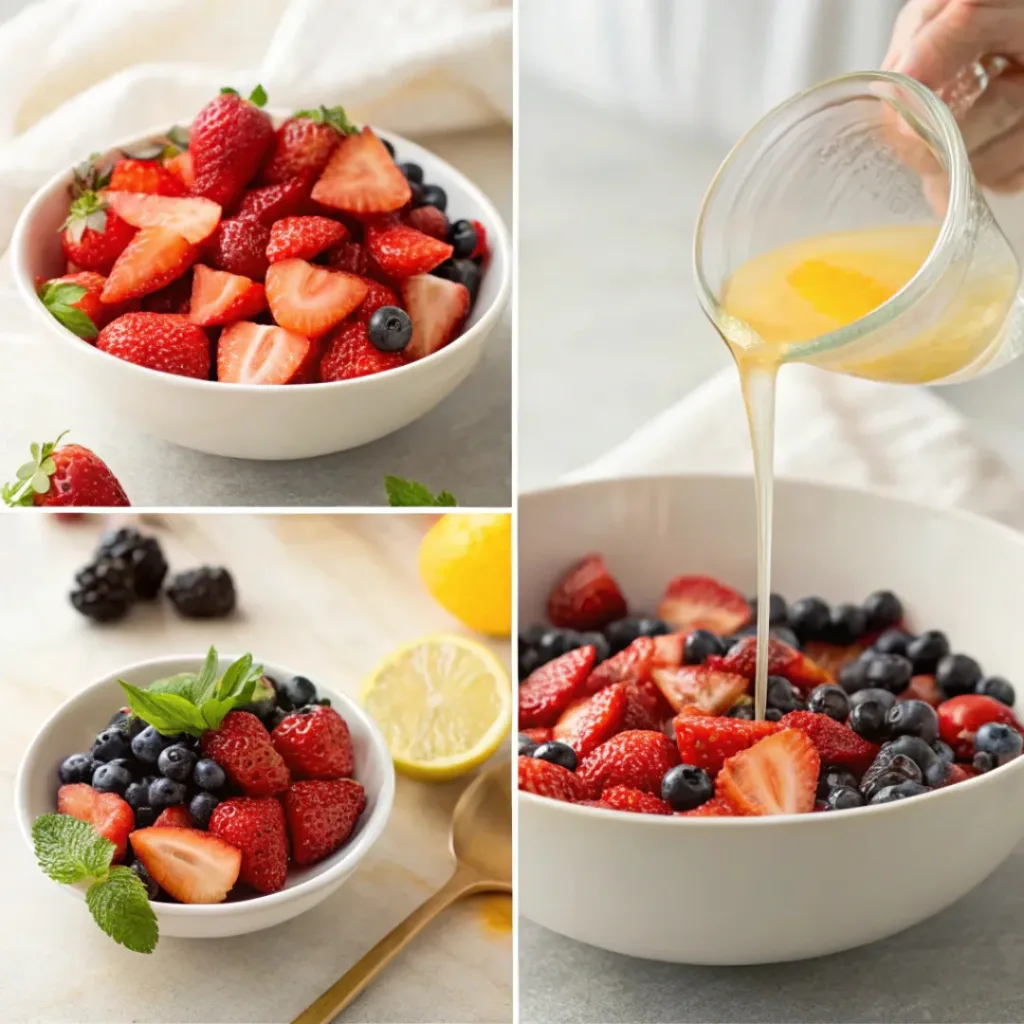 Four step collage showing preparing berries, mixing dressing, and tossing salad