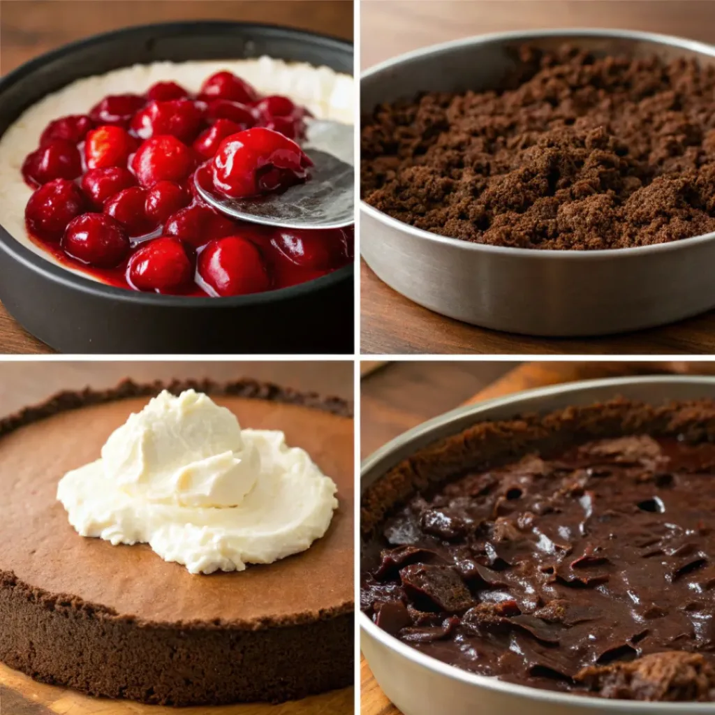 No-Bake Black Forest Cheesecake – Creamy, Chocolatey & Cherry Dessert 7 Four step collage showing crust, filling, layering, and slicing cheesecake