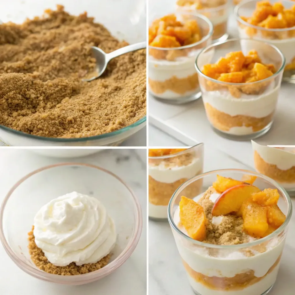 No-Bake Peach Dessert Cups – Creamy, Light & Easy Summer Treat 7 Four step collage showing crust, mixing, layering, and finishing dessert cups