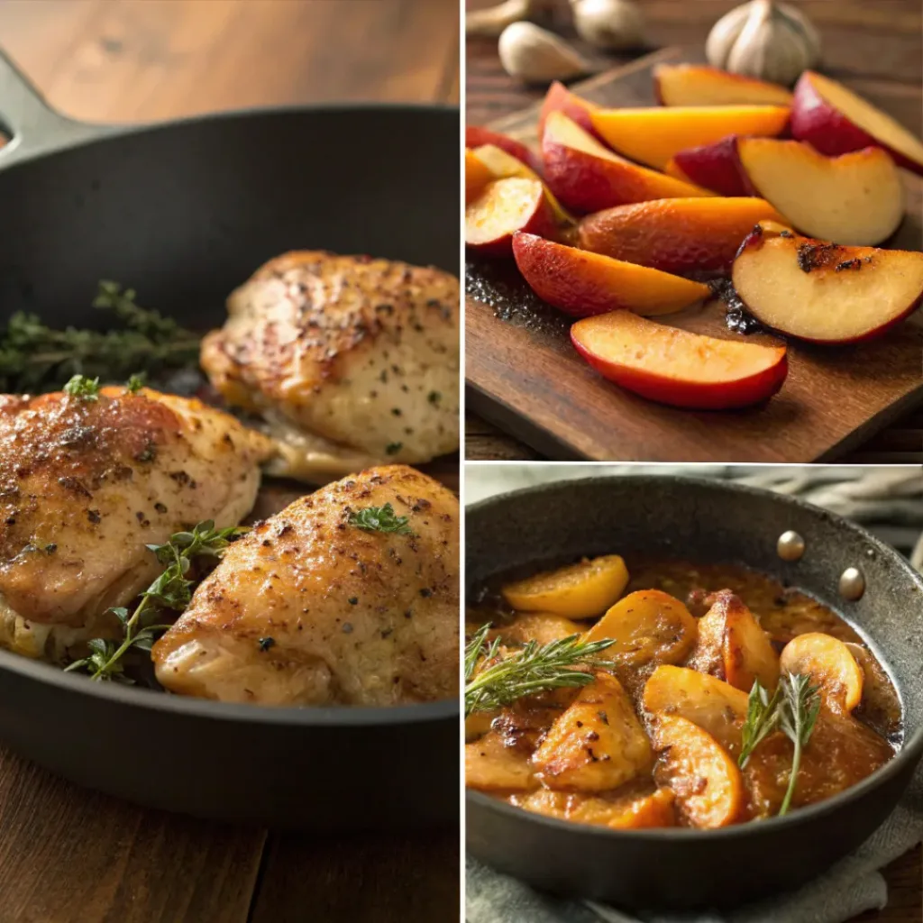 Four step collage showing seasoning chicken, searing, adding peaches, and finishing skillet dish