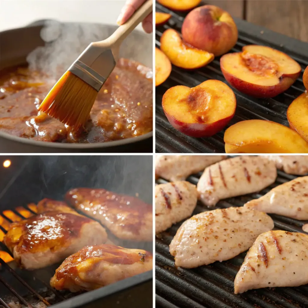 Peach BBQ Chicken – Sweet, Smoky & Juicy Grilled Chicken 7 Four step collage showing seasoning chicken, making sauce, grilling, and serving