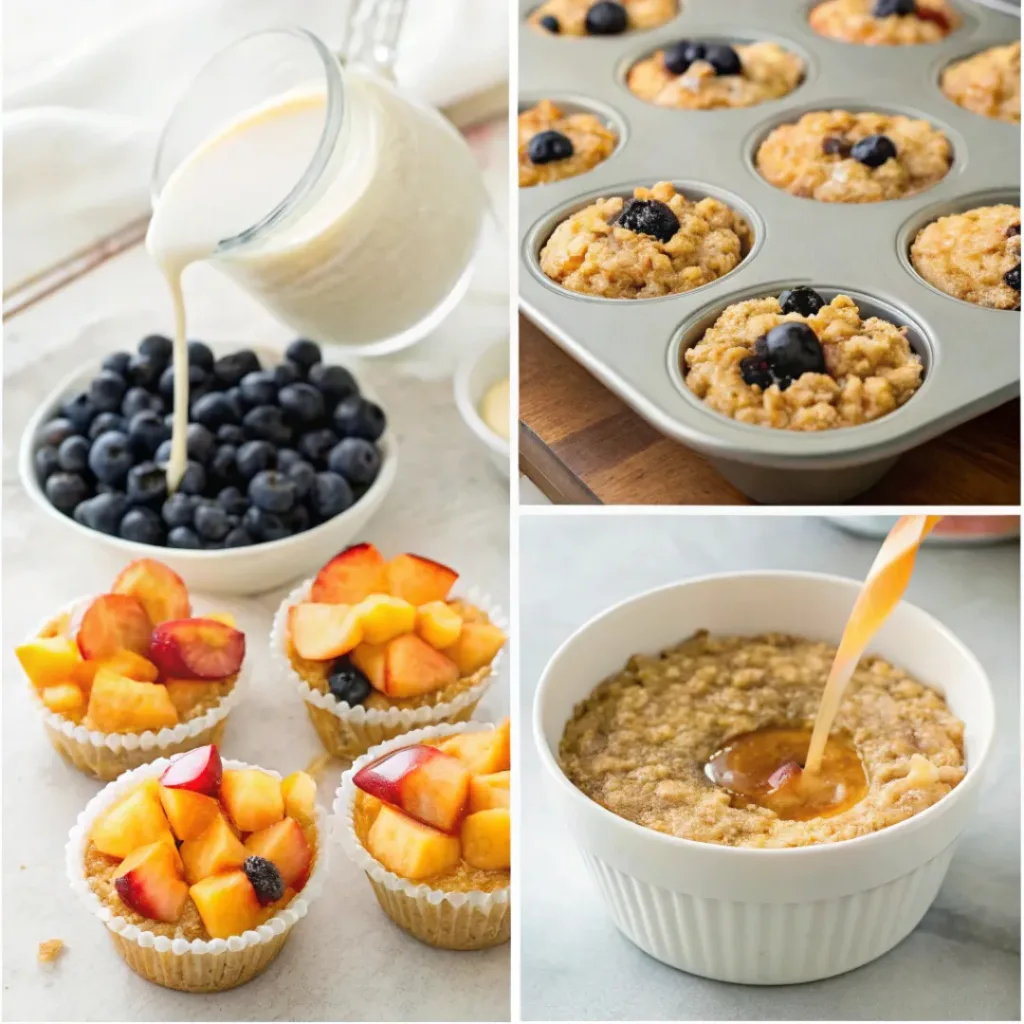 Peach Blueberry Oatmeal Cups – Healthy Breakfast Meal Prep Cups 7 Four step collage showing preparing fruit, mixing batter, filling cups, and baking oatmeal cups