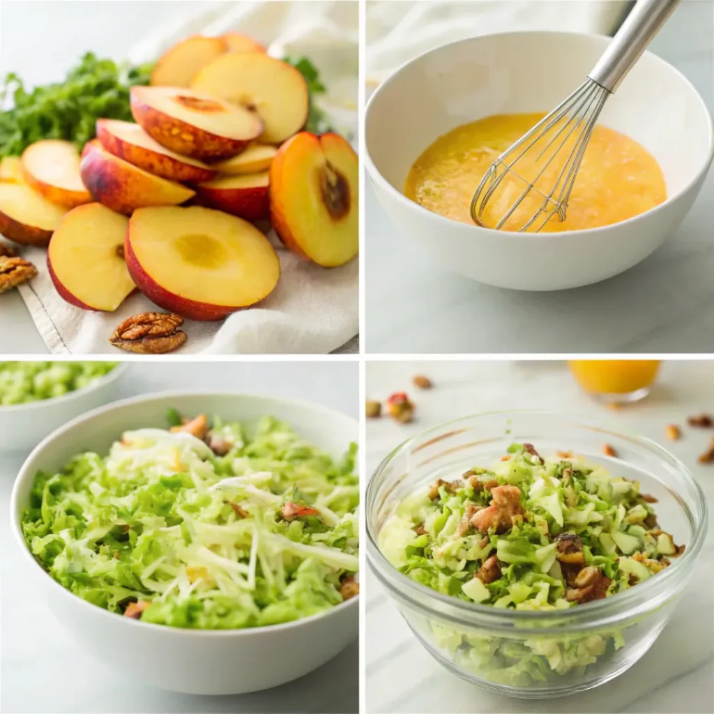 Four step collage showing preparing Brussels sprouts, slicing peaches, making dressing, and tossing salad