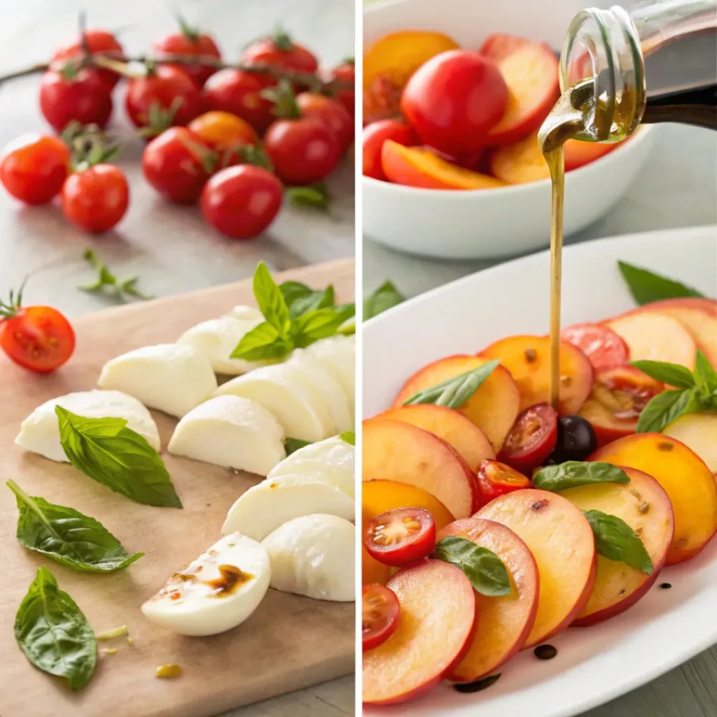 Peach Caprese Salad – Fresh, Sweet & Savory Summer Salad 7 Four step collage showing slicing, arranging, garnishing, and drizzling salad