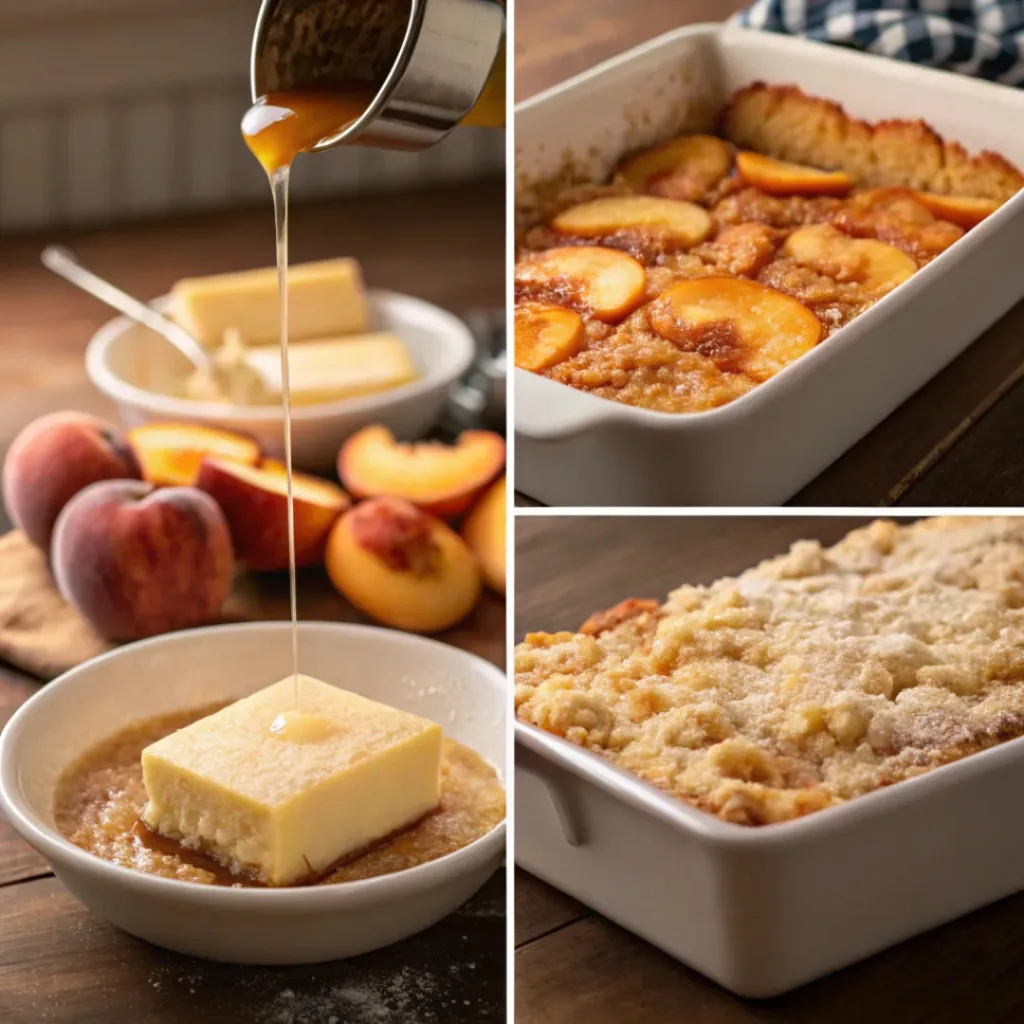 Peach Dump Cake – Easy 3-Ingredient Summer Dessert 7 Four step collage showing layering peaches, adding cake mix, butter, and baking