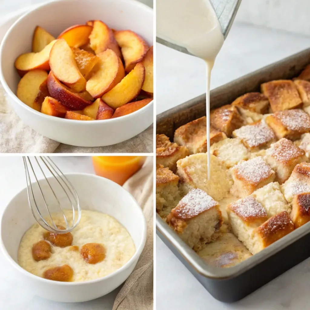 Peach French Toast Bake – Sweet, Custardy & Perfect Brunch Casserole 7 Four step collage showing slicing, mixing custard, assembling, and baking