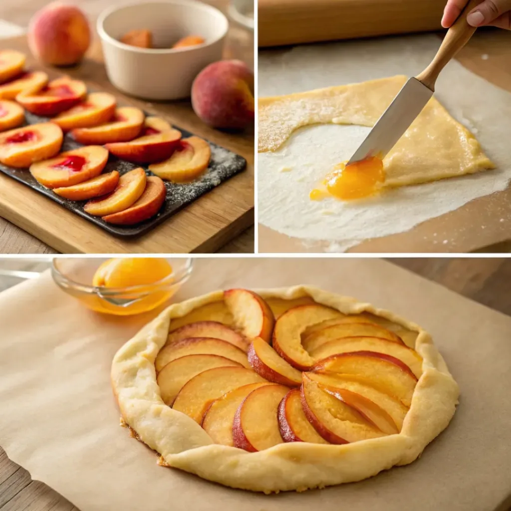 Flat lay of peaches, pie dough, butter, and baking ingredients