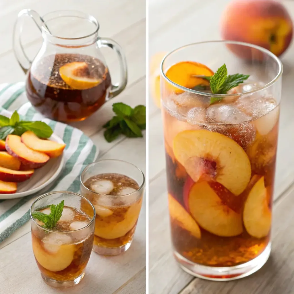 Peach Iced Tea – Refreshing, Fruity & Perfect Summer Drink 7 Four step collage showing brewing tea, making peach syrup, mixing drink, and serving iced tea