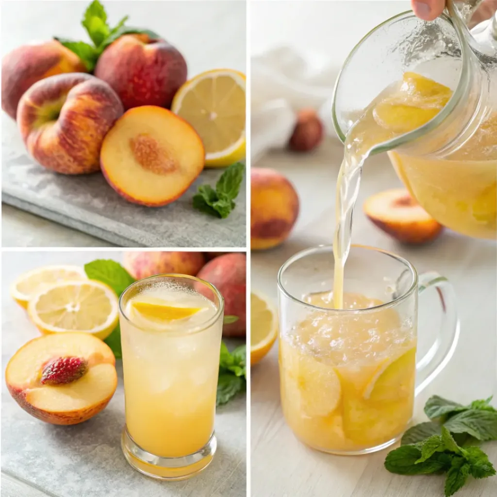 Four step collage showing slicing fruit, blending peaches, mixing lemonade, and serving over ice