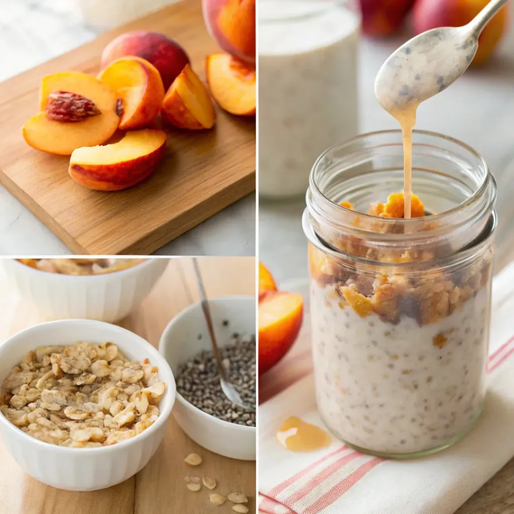 Step-by-step guide to making peach overnight oats.