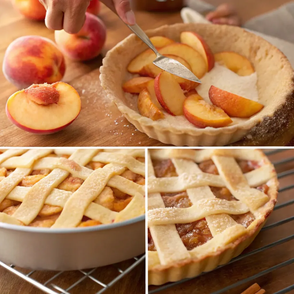 Four step collage showing slicing peaches, preparing filling, assembling pie, and baking