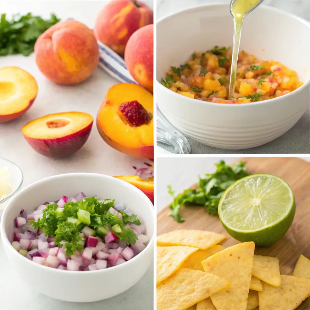 Peach Salsa – Fresh Sweet and Spicy Summer Salsa 7 Four step collage showing chopping peaches, preparing vegetables, mixing salsa, and serving