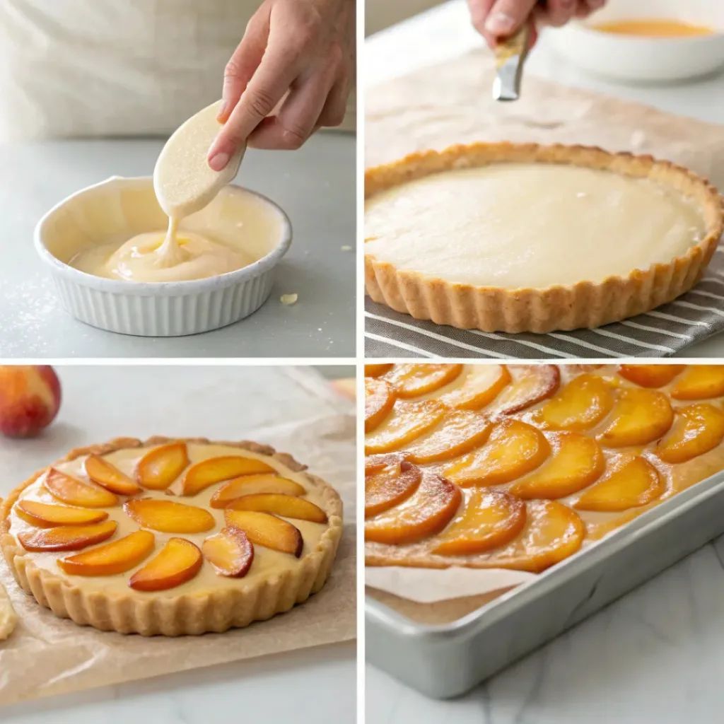 preparing tart crust, adding filling, arranging peaches, and baking