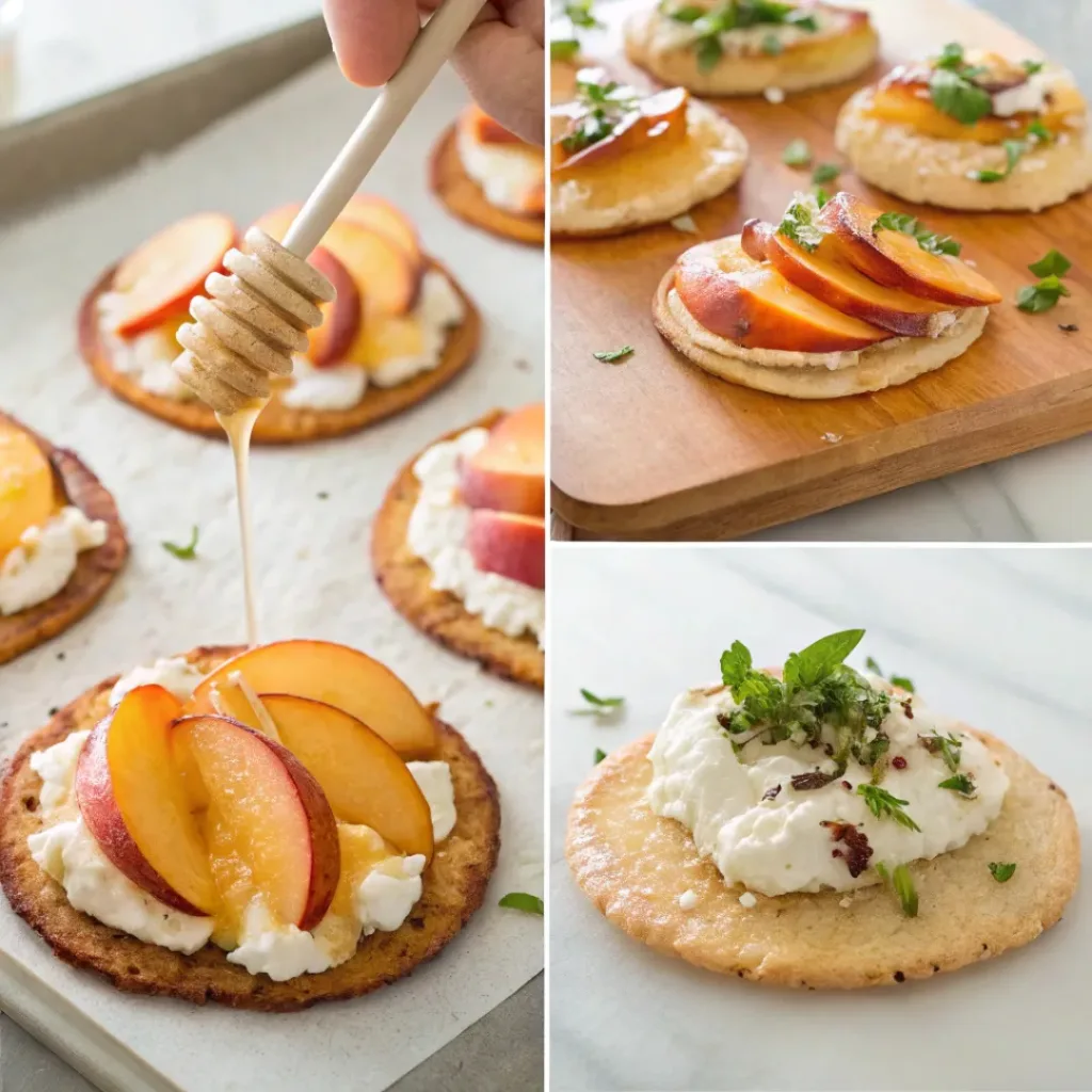 Peach Tostadas – Sweet & Savory Summer Street-Style Tostadas 7 Four step collage showing preparing tostadas, spreading cream, adding peaches, and finishing toppings
