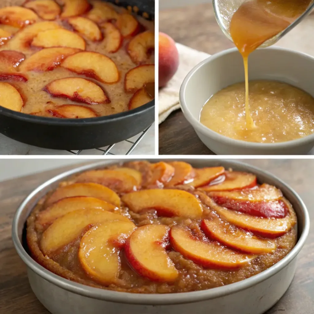 Four step collage showing caramel base, arranging peaches, baking, and flipping cake