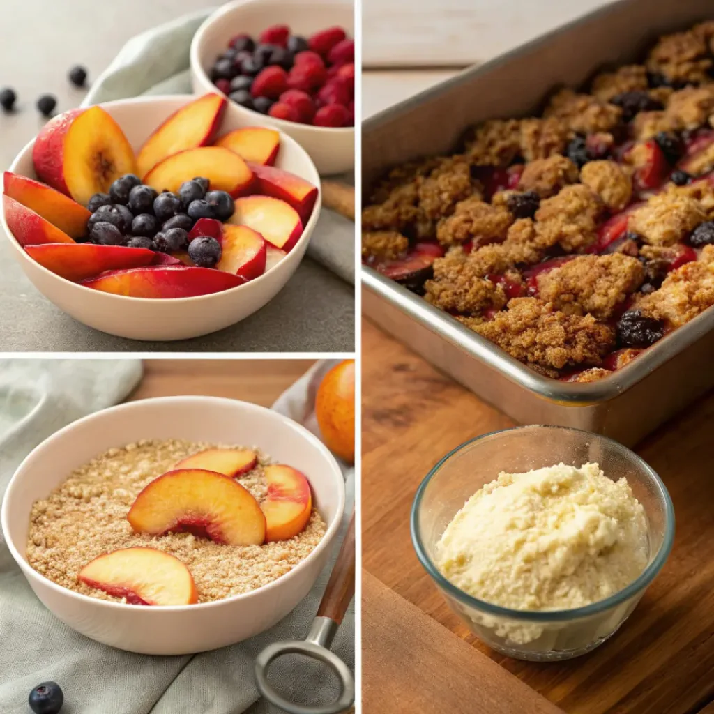 Four step collage showing prepping fruit, mixing, topping, and baking crisp