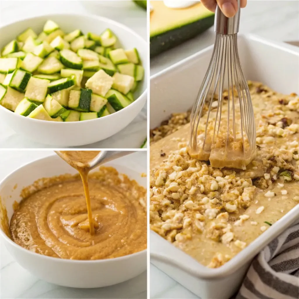 Peanut Butter Zucchini Baked Oatmeal – Healthy, Filling & Protein-Packed Breakfast Bake 7 Four step collage showing mixing, combining, baking, and topping oatmeal