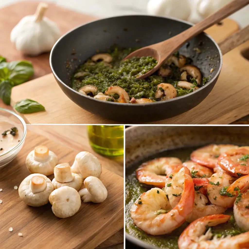 Four step collage showing seasoning shrimp, sautéing mushrooms, cooking shrimp, and mixing with pesto