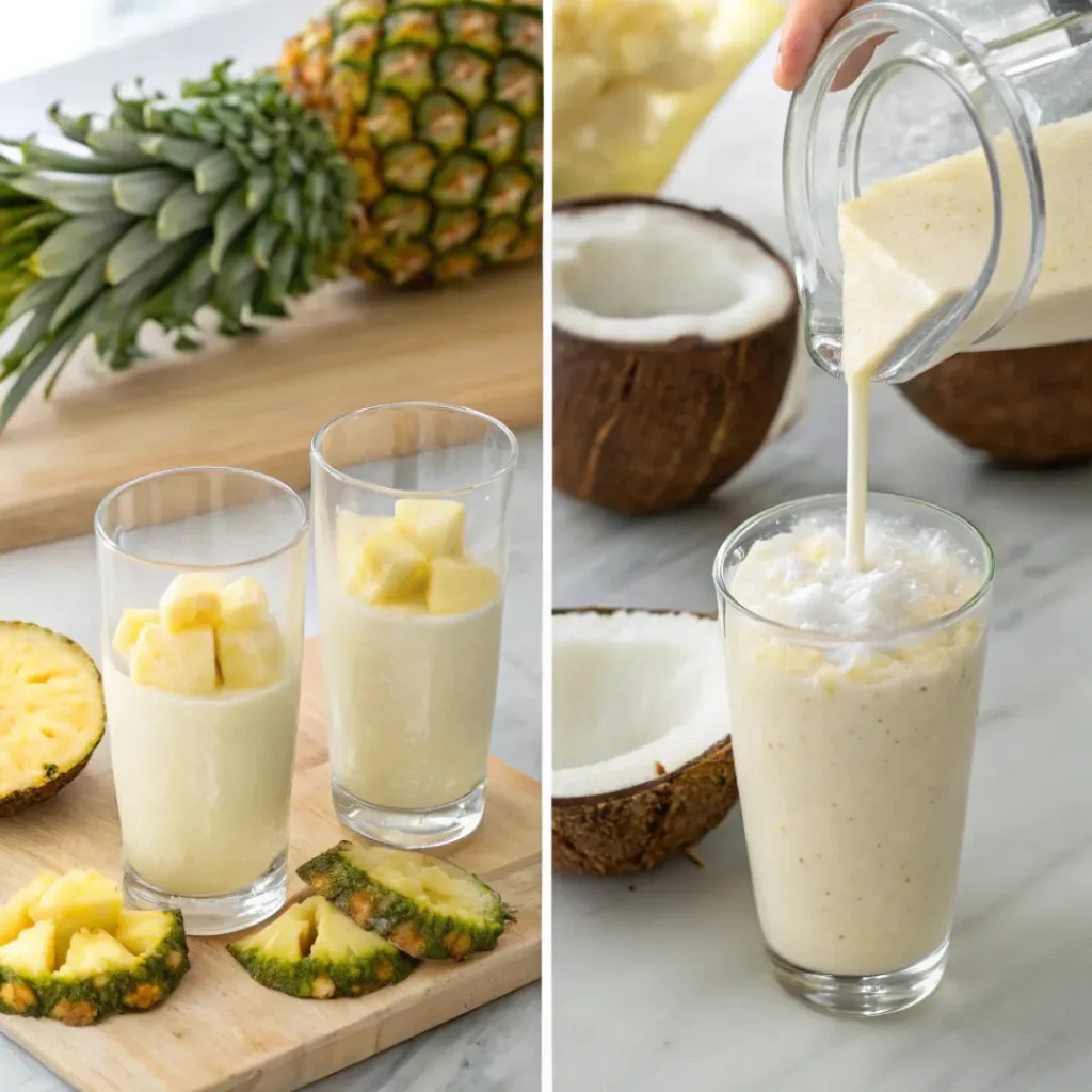 Pineapple Coconut Smoothie – Creamy, Tropical & Refreshing Drink 7 Four step collage showing chopping pineapple, blending ingredients, and serving smoothie