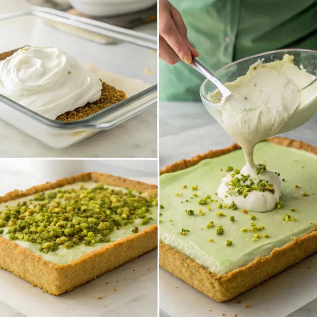Four step collage showing crust, mixing layers, assembling, and topping dessert