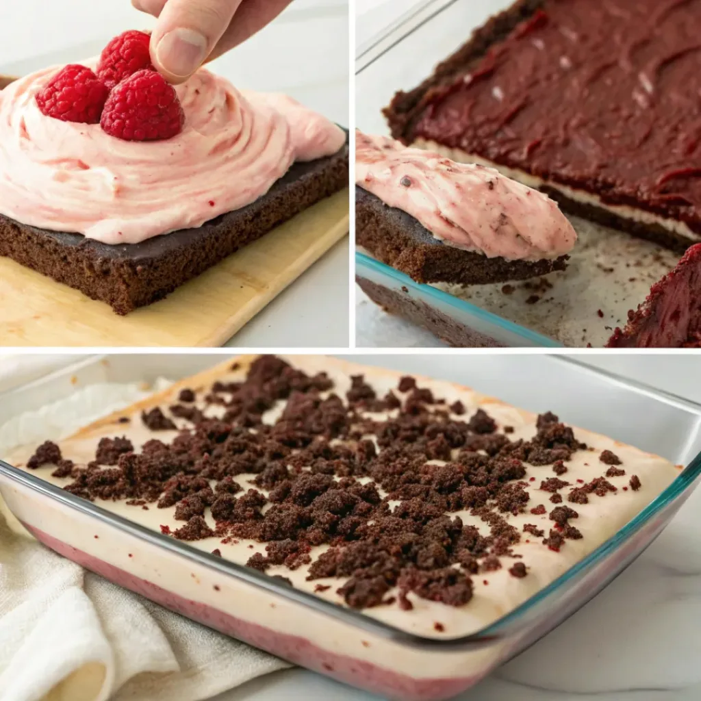 Four step collage showing crust prep, mixing layers, assembling, and topping dessert