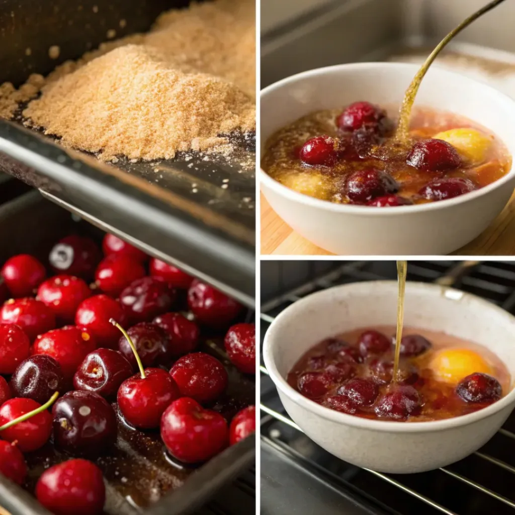 Four step collage showing prep, seasoning, roasting, and serving cherries