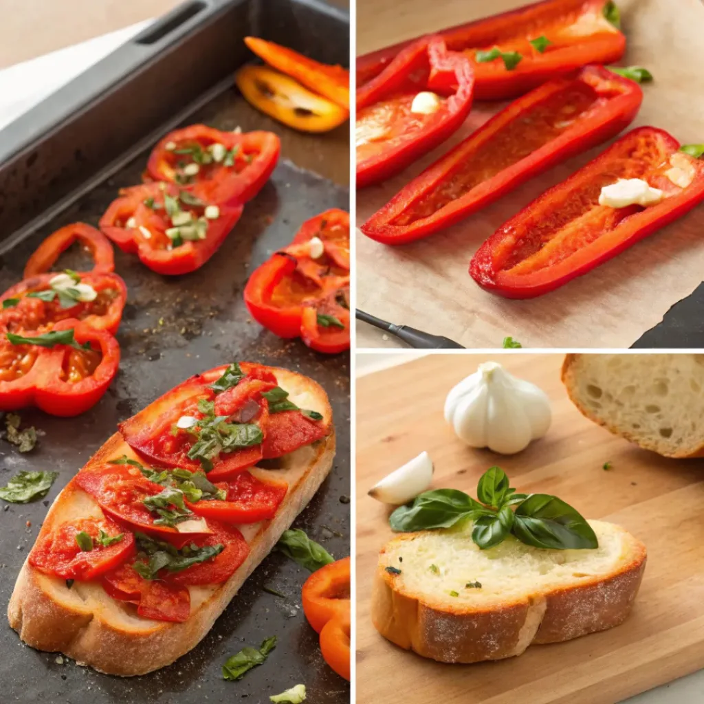 Four step collage showing roasting peppers, slicing, toasting bread, and assembling bruschetta