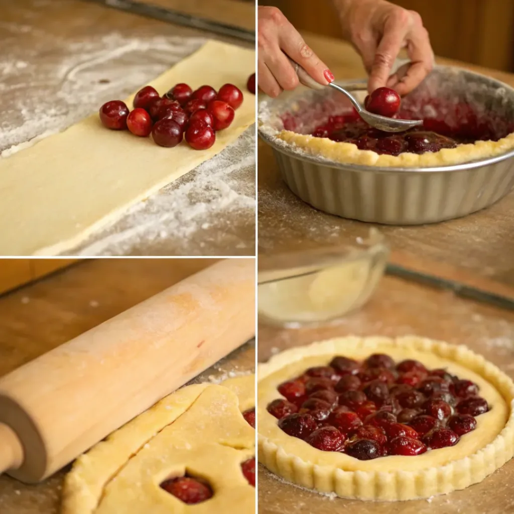 Rustic Cherry Tart – Buttery, Fruity & Beautifully Simple Dessert 7 Four step collage showing dough prep, filling, shaping tart, and baking