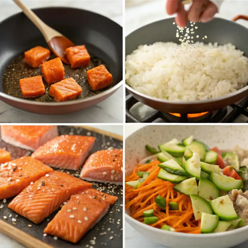Salmon Rice Bowls – Fresh, Flavorful & Easy Weeknight Meal 7 Four step collage showing cooking salmon, preparing rice, adding toppings, and assembling bowl