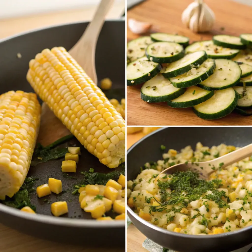Four step collage showing prepping corn, slicing zucchini, sautéing, and finishing dish